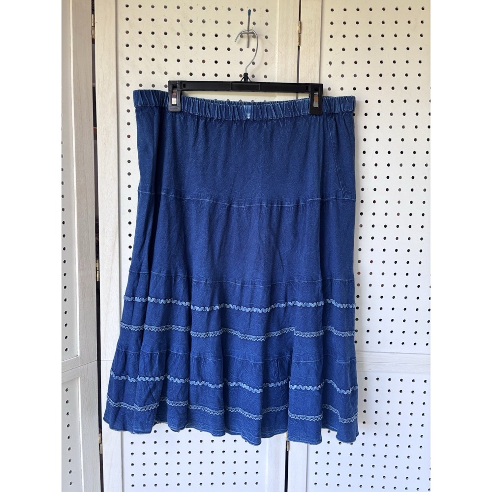 Studio West Women's XL Knee Midi Tiered Blue Skirt Rayon Trim Detail Pull On